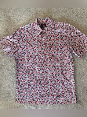 Ono Hawaiian Shirt by Liberty House Red Blue Brown Floral Pattern size M